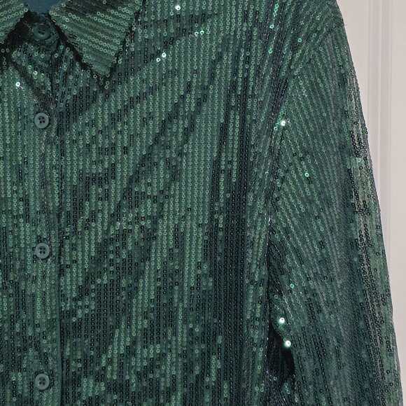 Sequin Collared Button Down Shirt Dress - Green - Picture 8 of 10